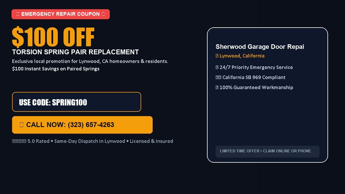 Sherwood Garage Door Repair $100 OFF Dual Torsion Spring Replacement in Lynwood, CA